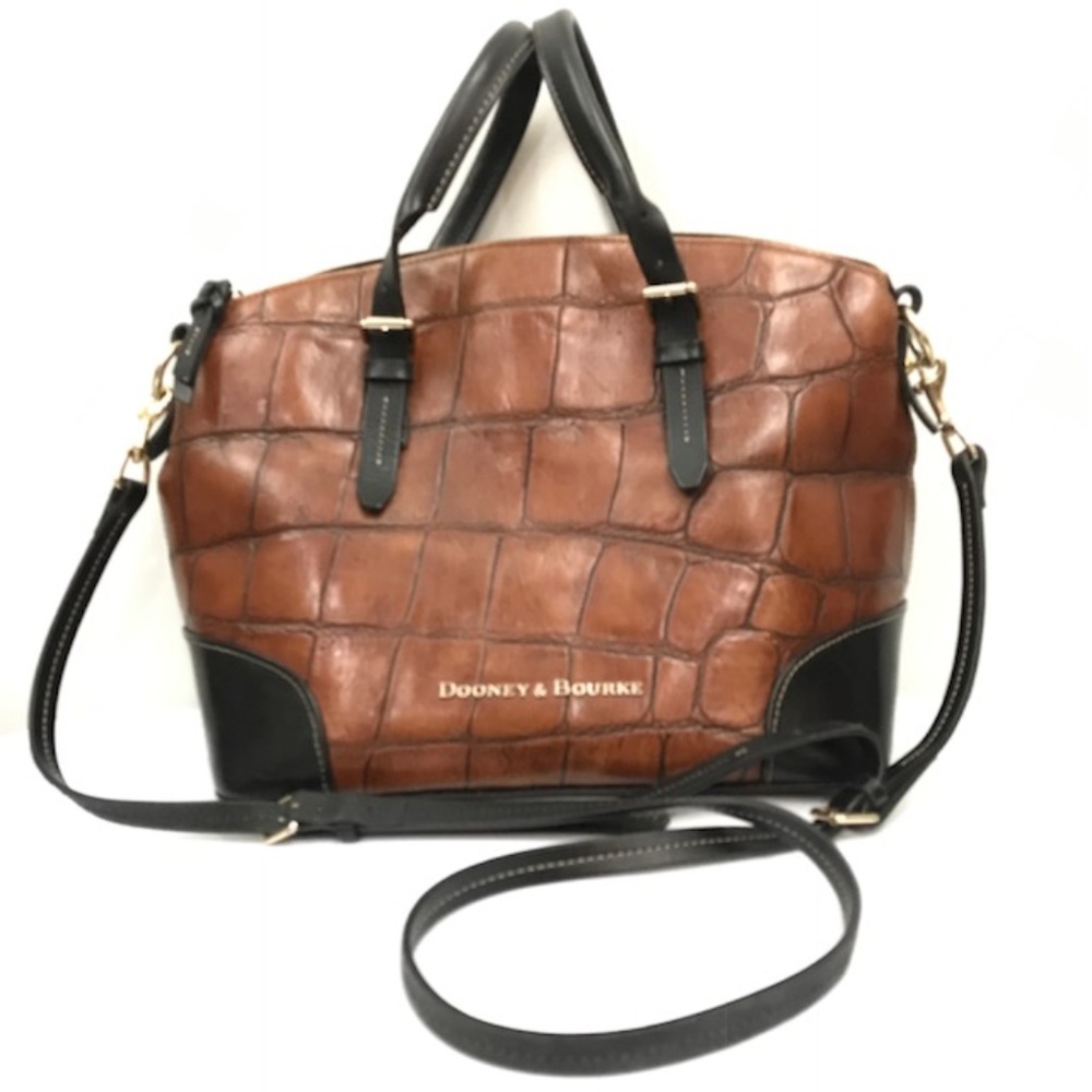 Dooney & Bourke Brown Croc-Embossed Leather Satchel with Black Trim